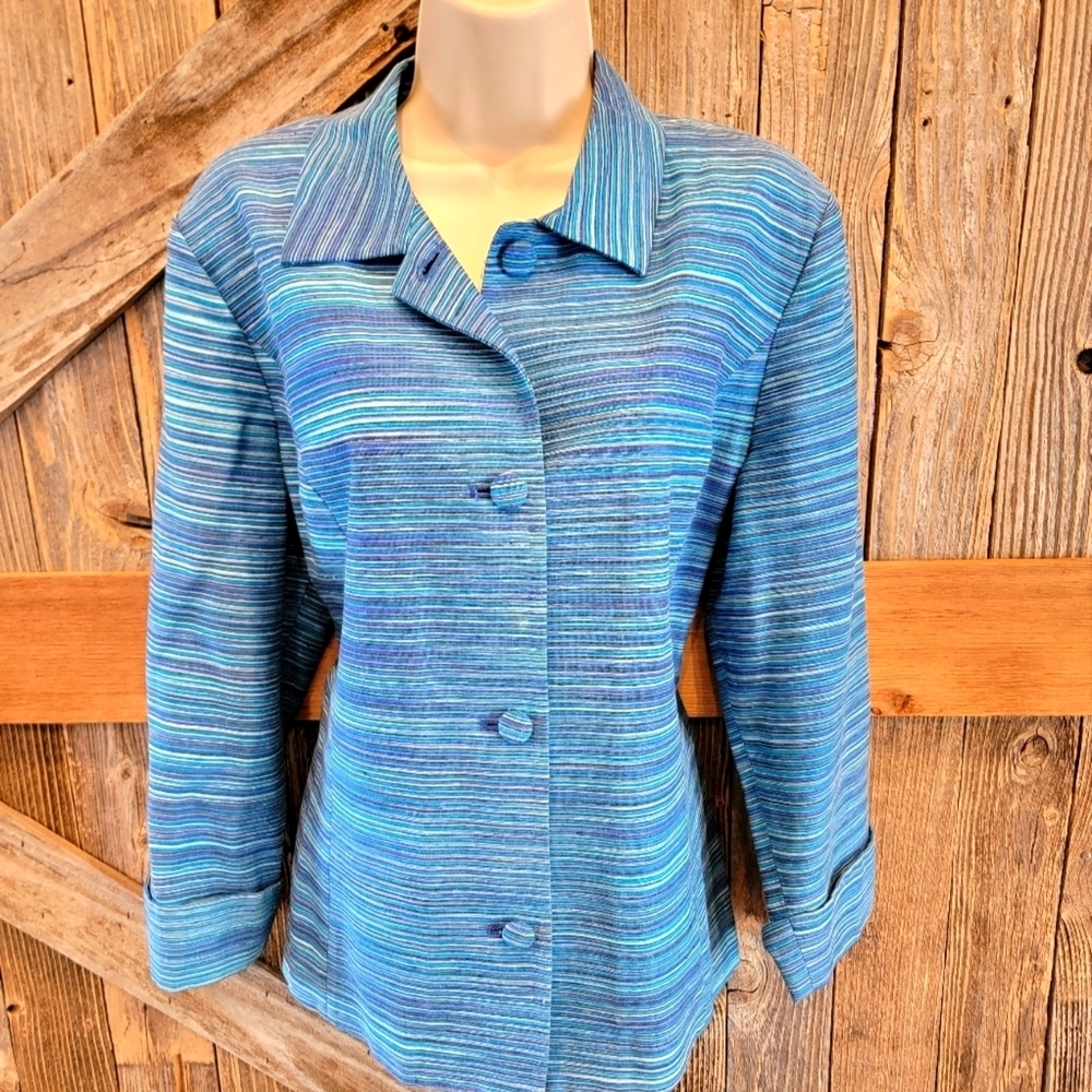 Peck And Peck Silk Blend Button Up Blazer blue heathered size 14 career casual